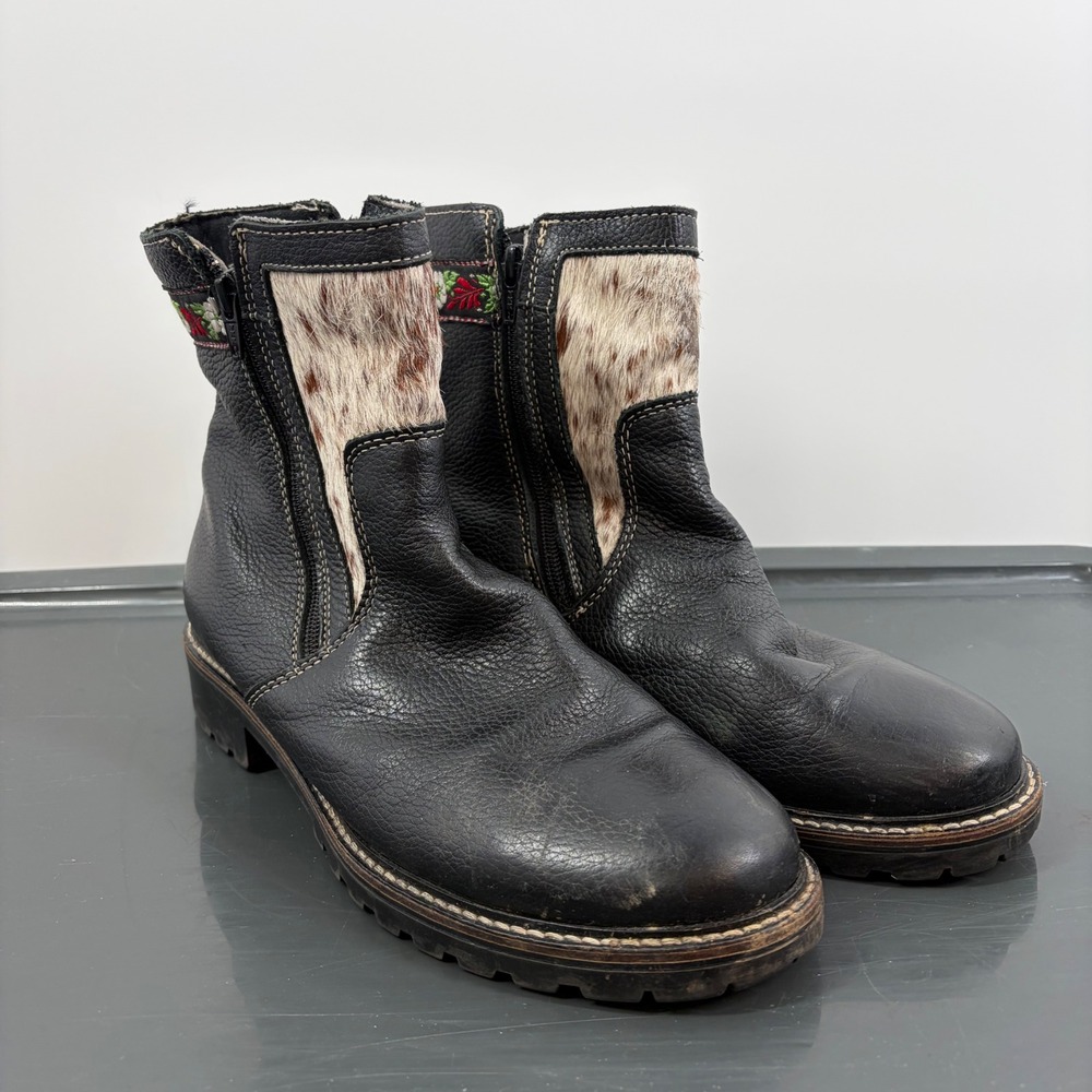 Womens Black Leather Cowhide Hair On Hide Ankle Boots Floral Embroidery Size 11